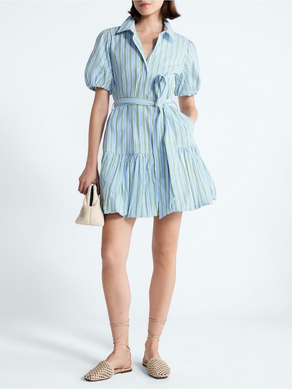 Striped Puff Sleeve Cotton Shirt Dress with Bubble Hem